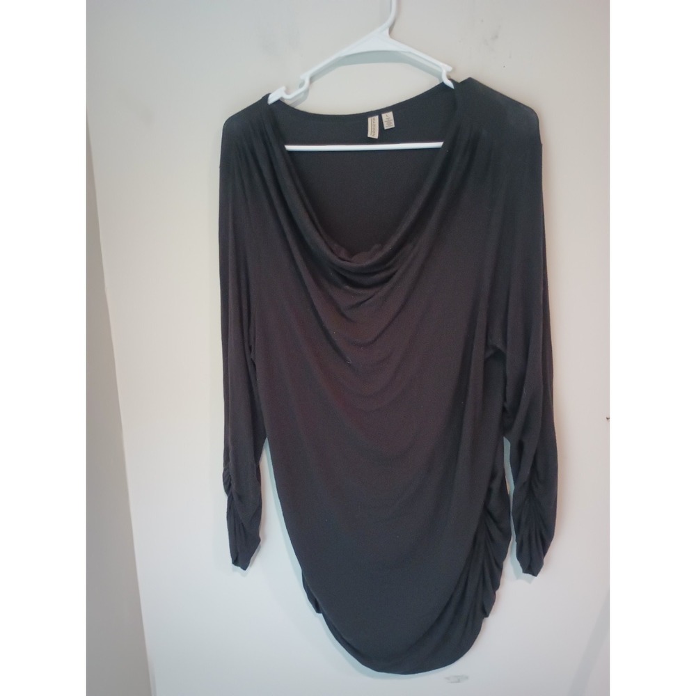MADISON Womens Top Large Black Cowl Neck Ruched Tunic Long Sleeve Stretch Rayon